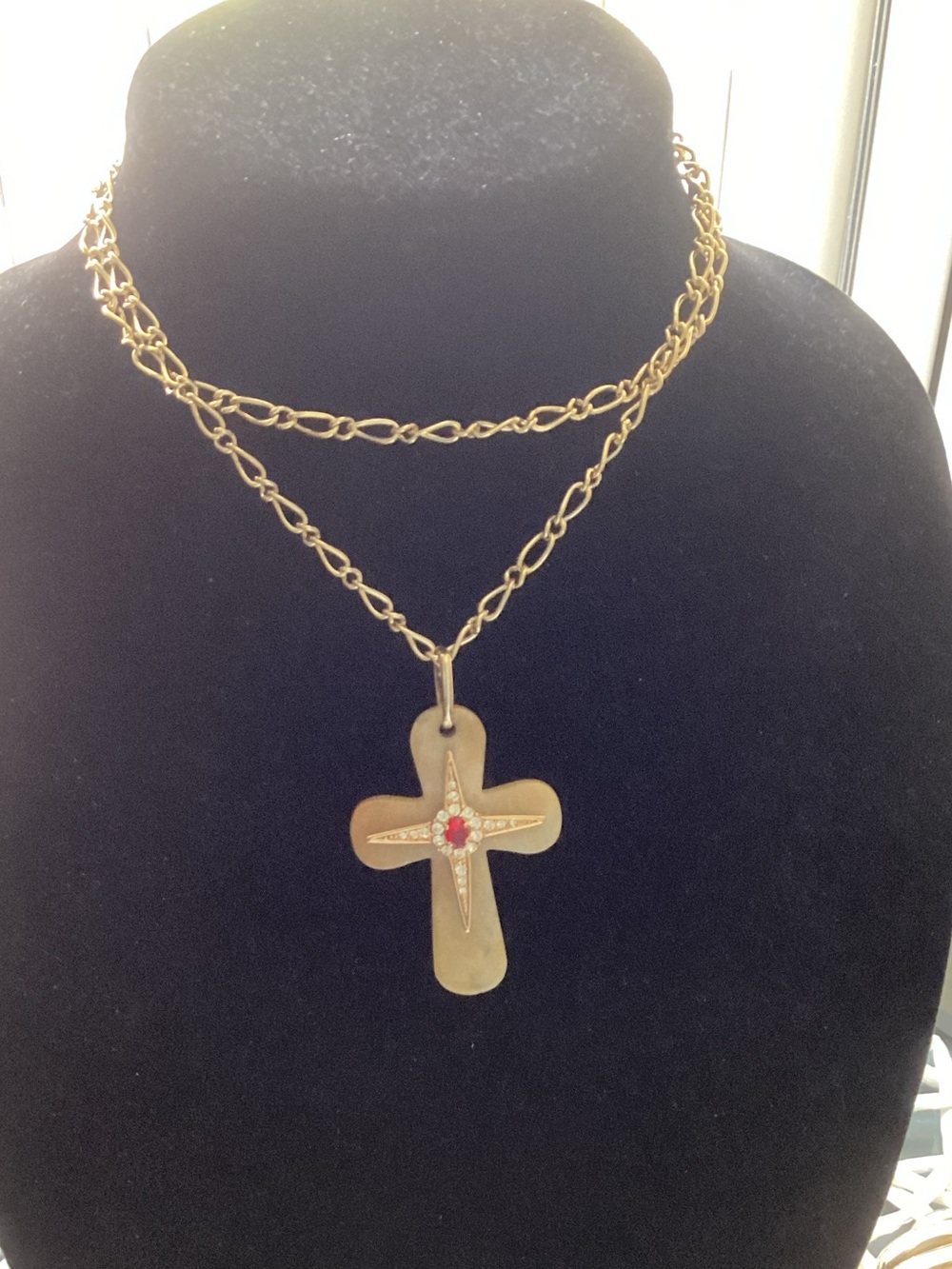 Gold Cross Pendant Necklace with Red Accent